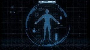 Futuristic digital display showing a human body silhouette with medical data and diagnostics